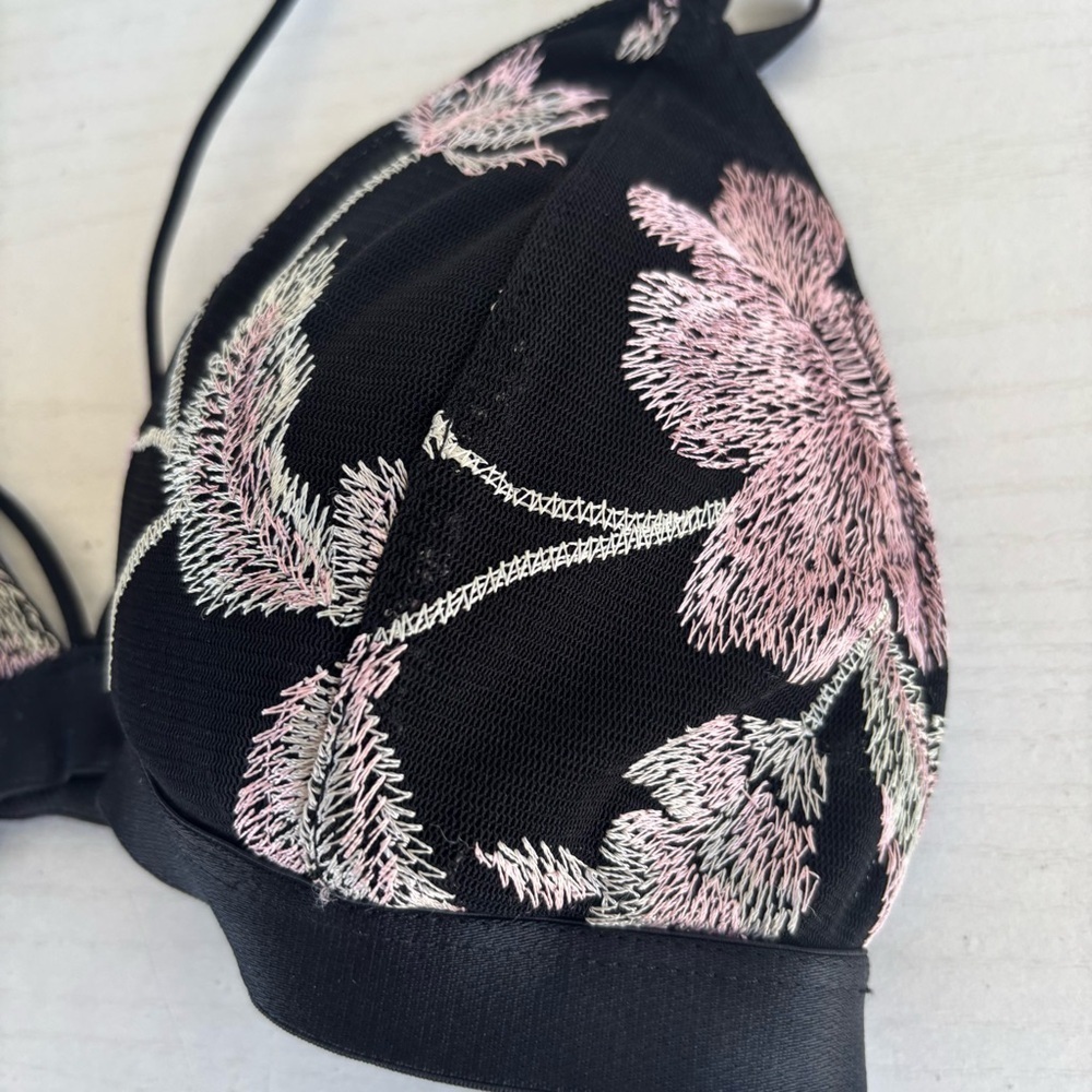 Express One Eleven Bralette Size S Black Pink Floral Embroidered Strappy Mesh - Picture 5 of 7